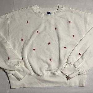Old Navy Cream Sweatshirt red embroidered roses sz S cropped chic preppy boho